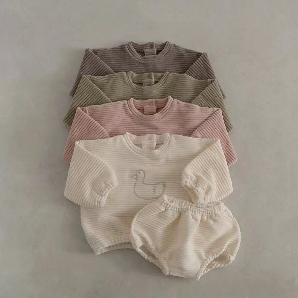 

2024 Spring Autumn Kids Tracksuit Boy Girl Children Cartoon Duck Long Sleeve Tops + Shorts 2pcs Baby Cotton Ribbed T-shirt Suit