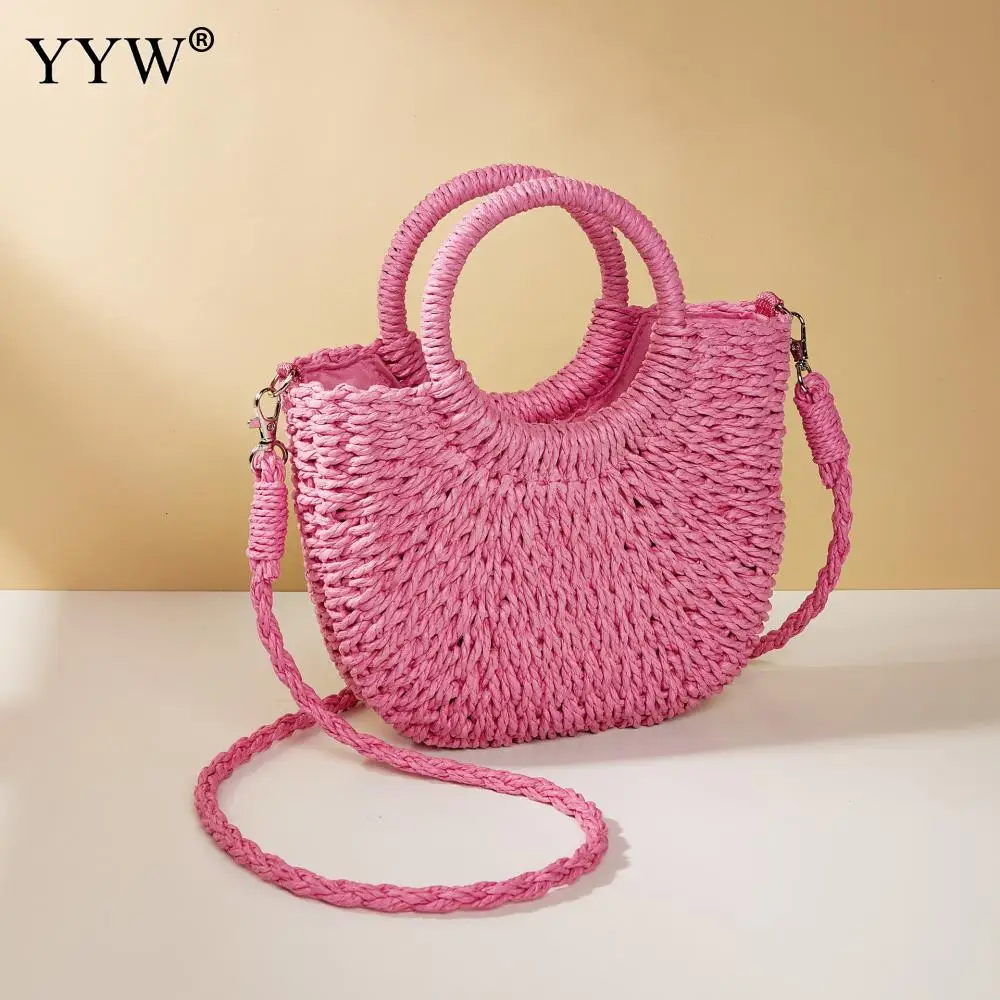 Women Paper Rope Beach Handbag Casual Lady Woven Tote Bag Moon Shaped Top Handle Straw Bags Crossbody Shoulder Purse bolsa femme