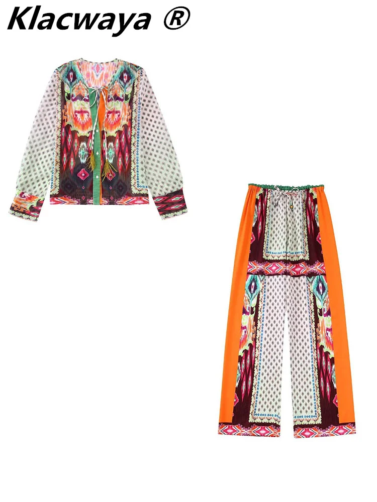 

Klacwaya Pants Sets Woman 2 Pieces Trouser Suits Women Clothing Two Piece Sets Womens Outifits Pants Shirt Set Print