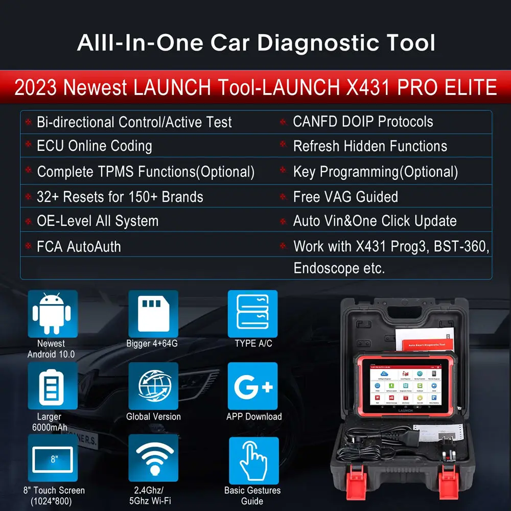 Launch X431 PRO ELITE Auto Full System Car Diagnostic Tool Key Program CAN FD Online ECU Programming
