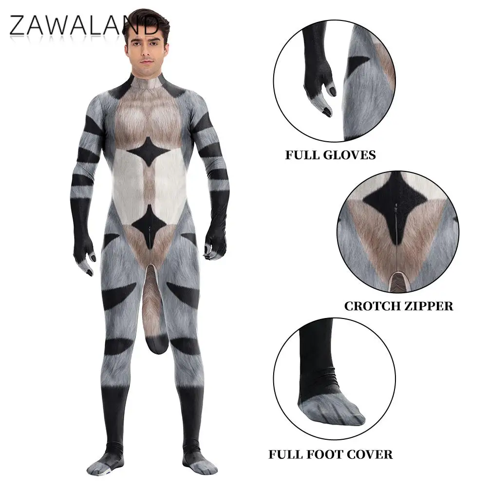 Zawaland Raccoon Furry Petsuit Animal Cosplay Costume Carnival Purim Fancy Zentai Bodysuit Crotch Zipper Party Jumpsuits