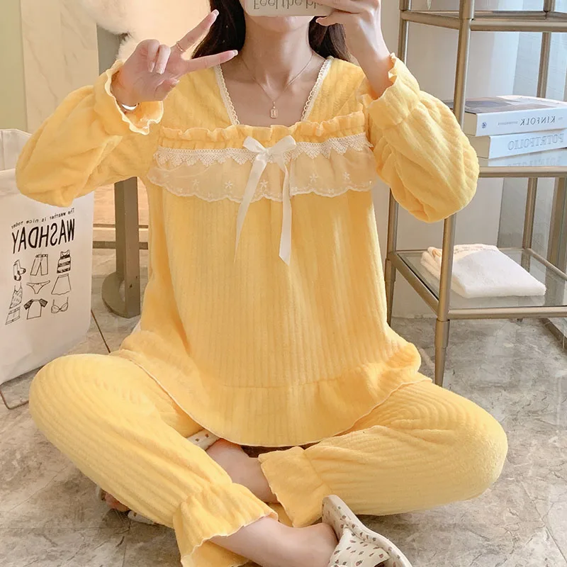 Winter new square-neck lace coral fleece pajamas women's casual sweet thickened warm flannel solid color 2-piece home clothes