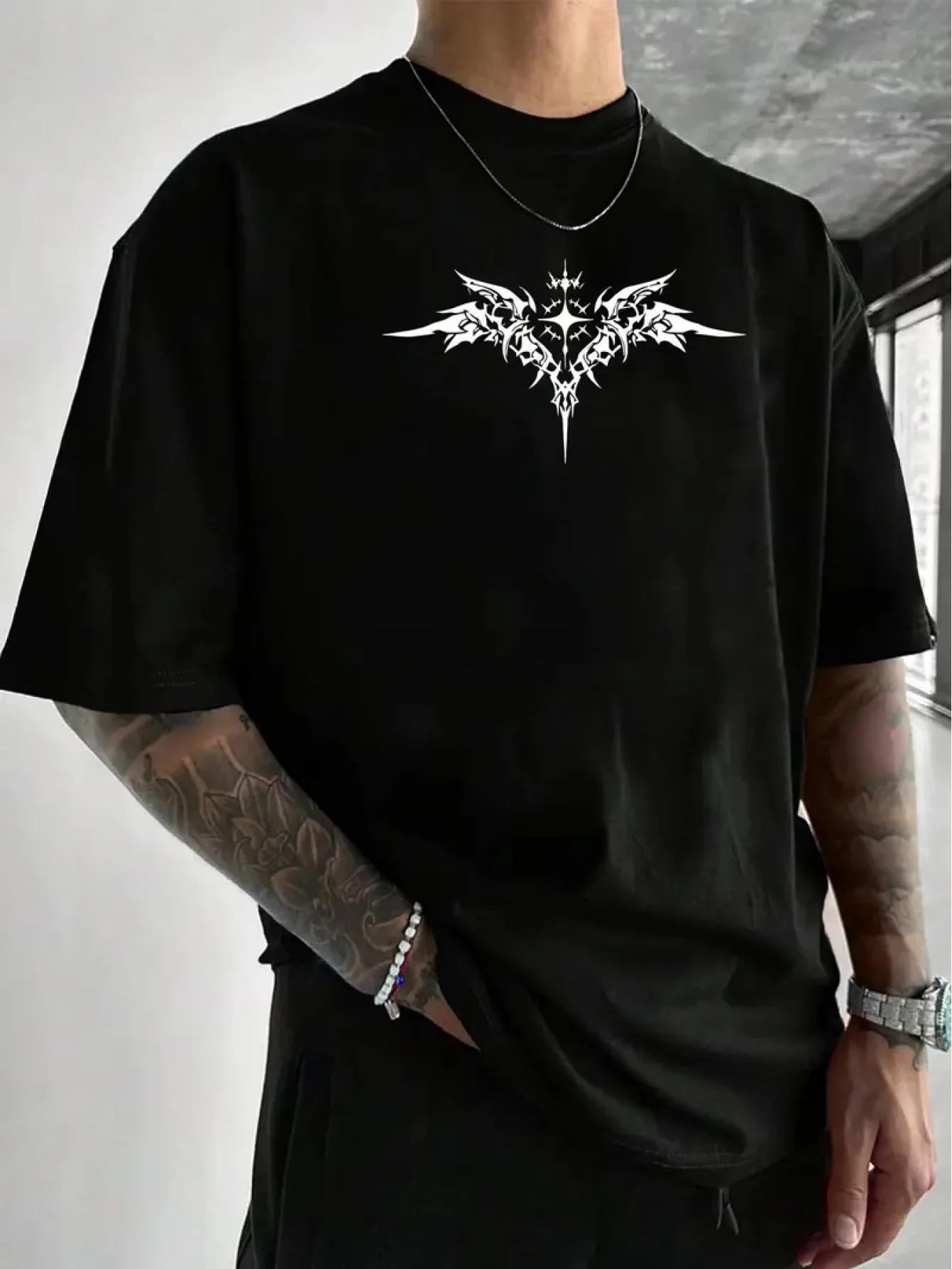 Gothic Thorn Cross Wing Graphic Print Cotton Men's Summer Streetwear T-Shirt