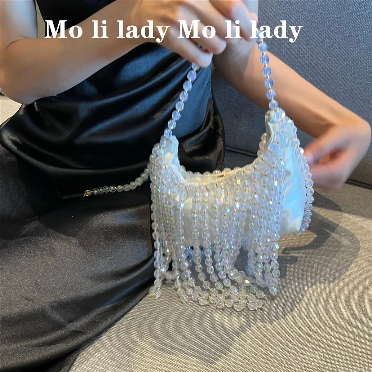 Retro Handbag Fairy Popular Woven Beaded Bucket Bag Crossbody  Summer Niche Design Hollowed Out Pearl Women Bag