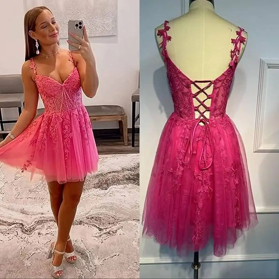 Short Homecoming Dresses for Teens Lace Applique Tulle Spaghetti Straps Prom Dress Mini Cocktail Party Dress Free customization