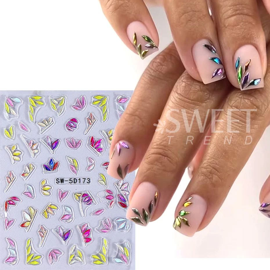 5D Metallic Gold Line Petal Nail Art Sticker Red Glossy Floral Frame Nail Supplies Decals With Glitter Elegant Flowers Manicure