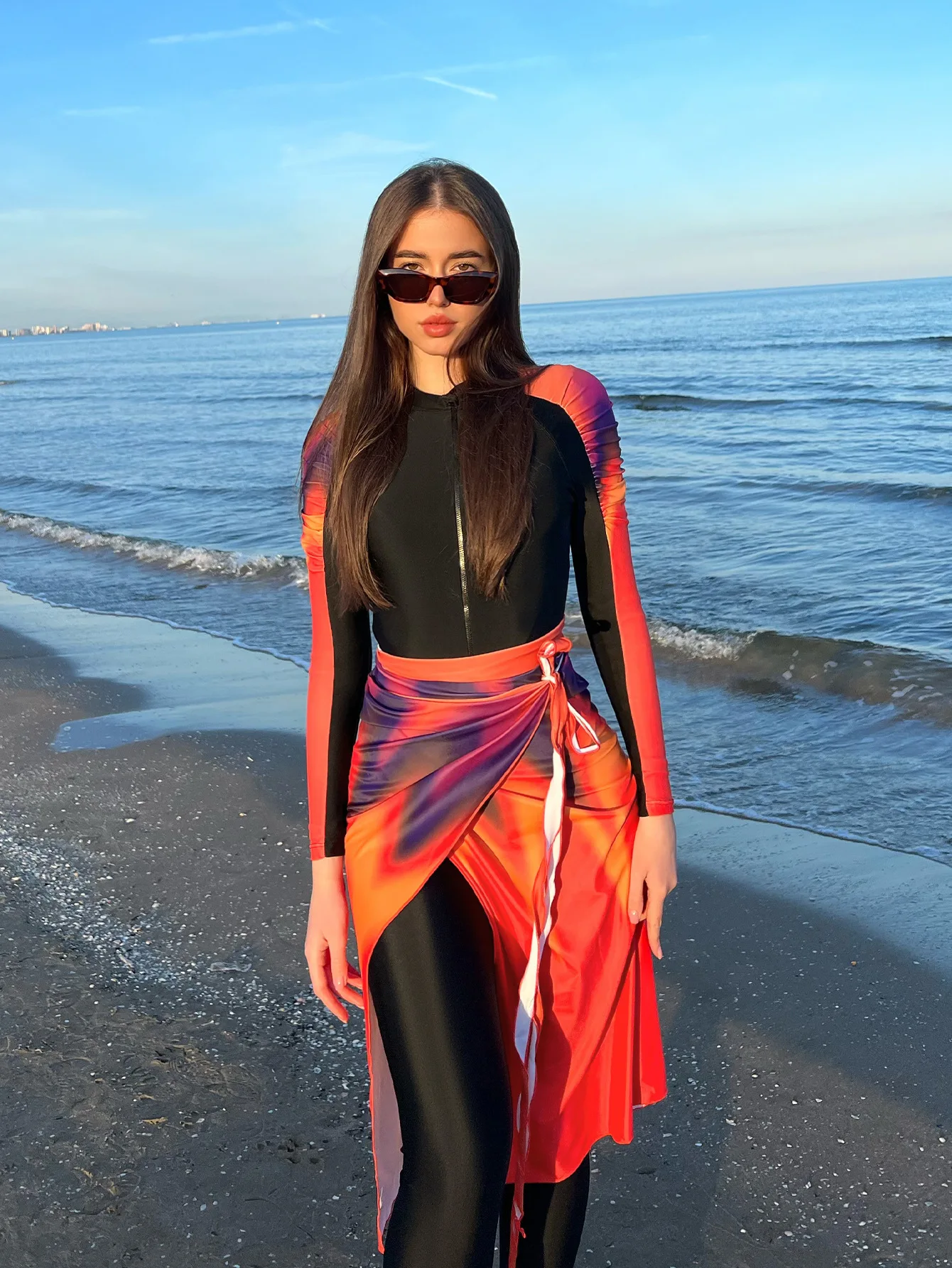 New burkini Muslim women's swimwear three-piece red gradient long sleeve trousers Sunblock zipper swimwear Summer beach Wear