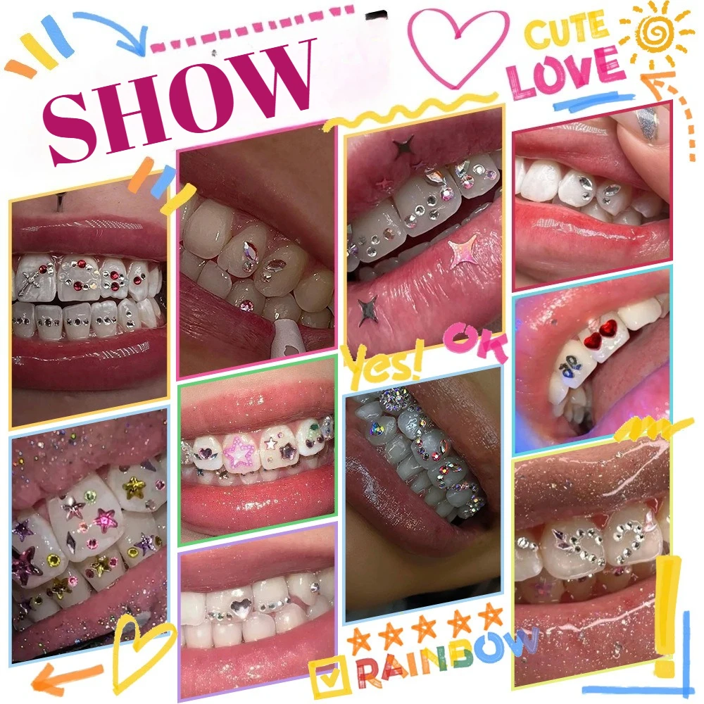 치아 장 크리스탈 치아 DIY 보석 키트 10가지 모양 크리스탈 보석 혼합 색상 치아 장신구 도구 세트 화이트 블링 크리스탈