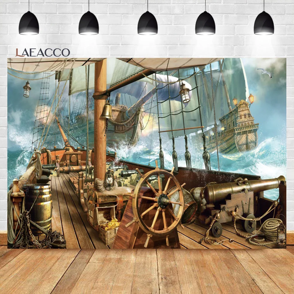 Birthday Photography Backdrops Pirate Ship Treasure Map Fishes Skull Baby Shower Backgrounds Newborn Photozone