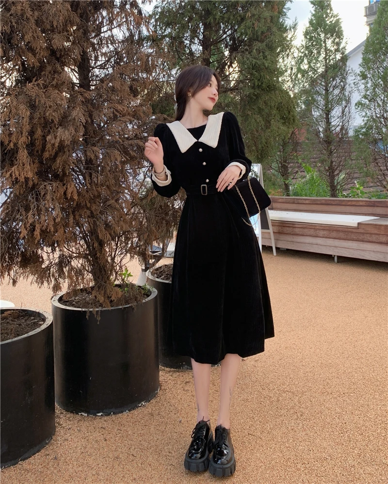 Corduroy Black Long Sleeves Women's Dress Chic Design 2022 Spring French Hepburn Elegant Style Doll Collar Fashion Female Dress business casual women