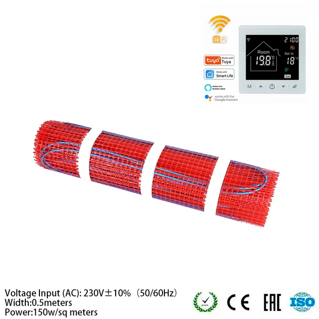 JRHSWARM ไฟฟ้าเครื่องทําความร้อนใต้พื้นชุดสําหรับกระเบื้องหินชั้น 230V 150 W/M2 พร้อมหน้าจอสัมผัสสีขาว Wifi TUYA Thermostat 1