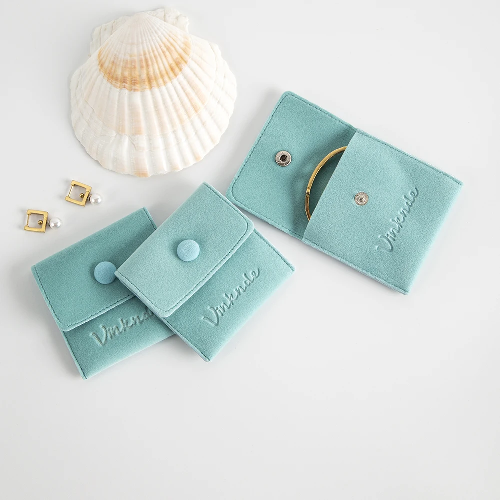 Custom Logo Jewellery Pouch Packaging Bag Soft Velvet Bracelet Necklace Rings Earrings Storage Snap Button Velvet Gift Storage