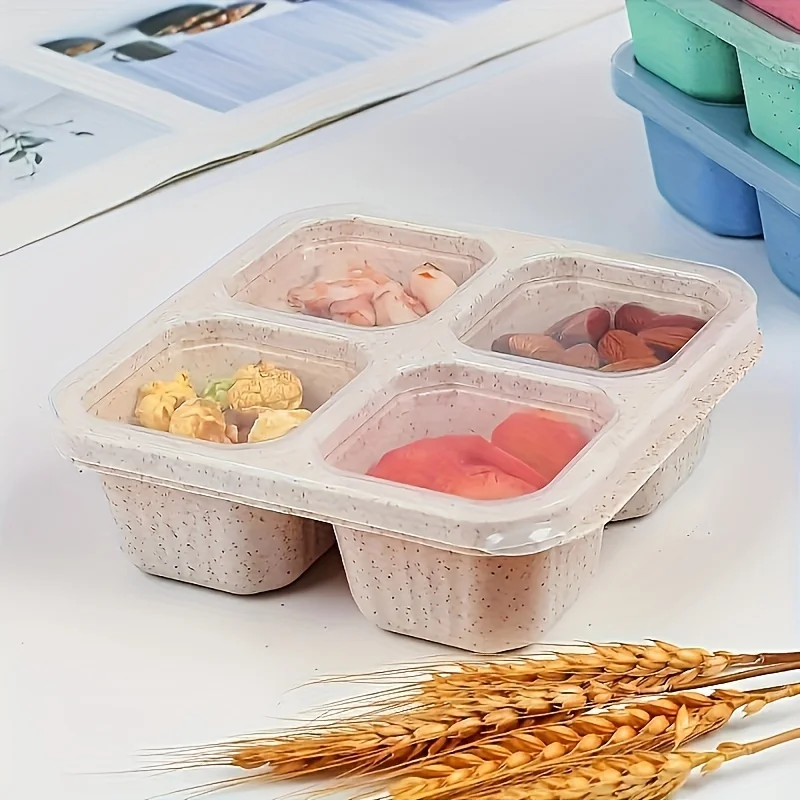 Set of 2 Reusable Plastic Snack Lunch Boxes with Lids-BPA-Free Wheat Straw , 4-Compartment Food Containers for Meal Prep, Saf