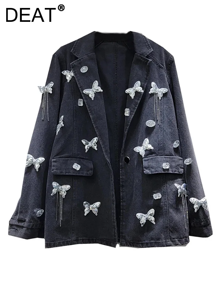 

DEAT Women's Denim Suit Jackets Notched Collar Diamonds Sequins Butterfly Tassel Elegant Blazer 2024 Summer New Fashion 29L7335