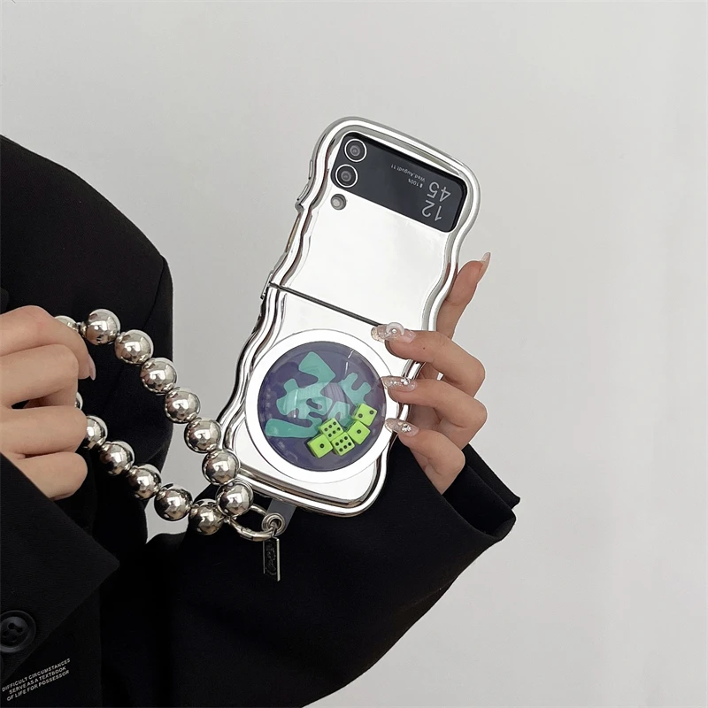 

3d FaCai Dice with Bracelet Wristband Chain Electroplated Silver Soft Gel Phone Case For Samsung Galaxy Z Flip3 /4 Cover