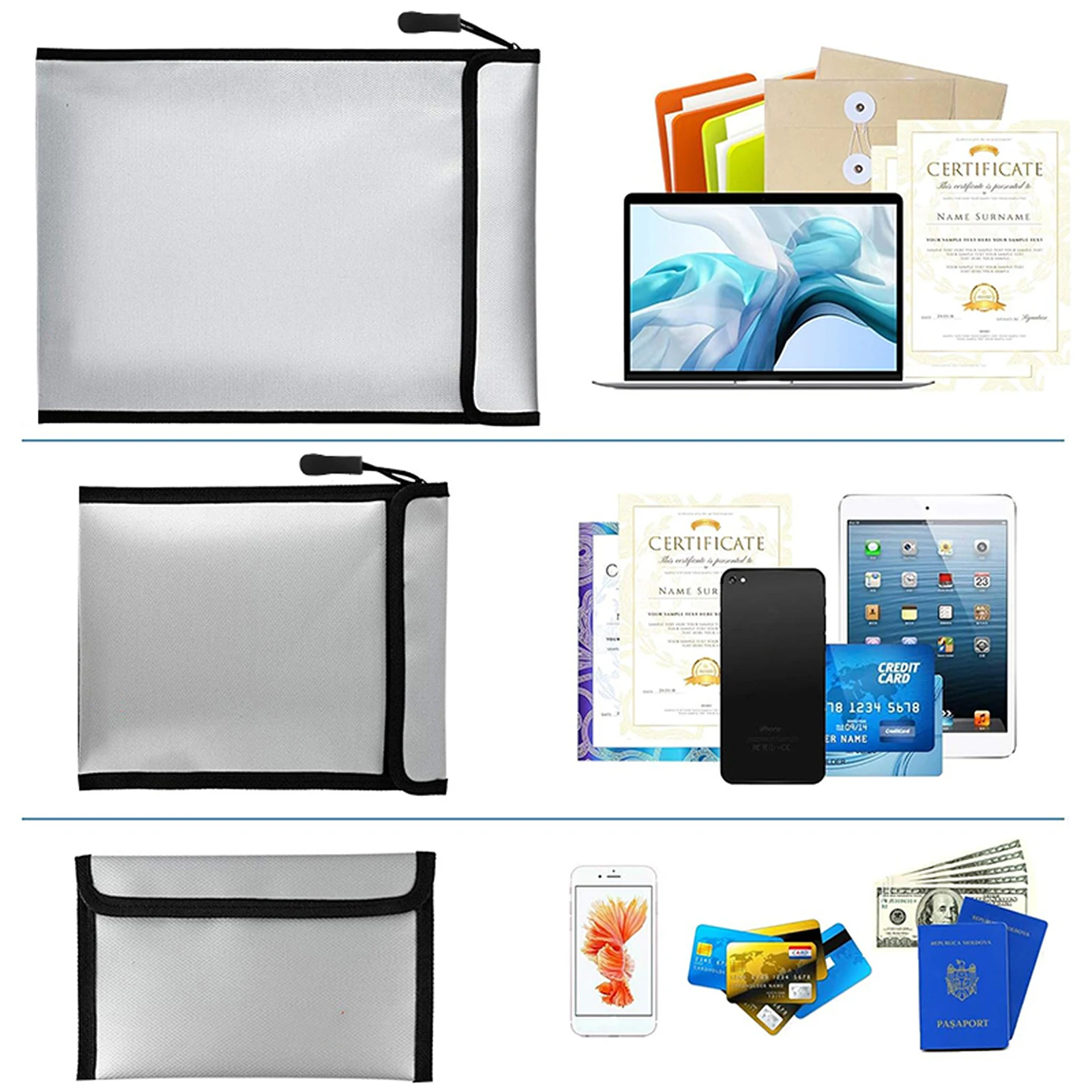 3 Pack Safe Upgraded Zipper Bags Fireproof Waterproof Money Document Bag Files Cards Passport Valuables Storage Pouch Home