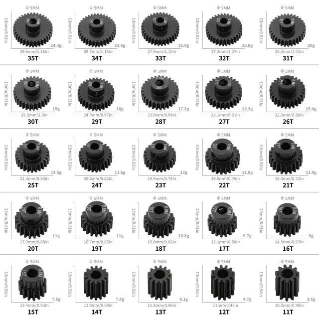 5pcs 0.8M 32P 3.175 5mm 11T 13T 15T 17T 18T 20T 24T 28T 30T 35T Hardened Steel Pinion Gear Motor Gear For 1/8 1/10 RC Model Car 5pcs 0.8M 32P 3.175 5mm 11T 13T 15T 17T 18T 20T 24T 28T 30T 35T Hardened Steel Pinion Gear Motor Gear For 1/8 1/10 RC Model Car