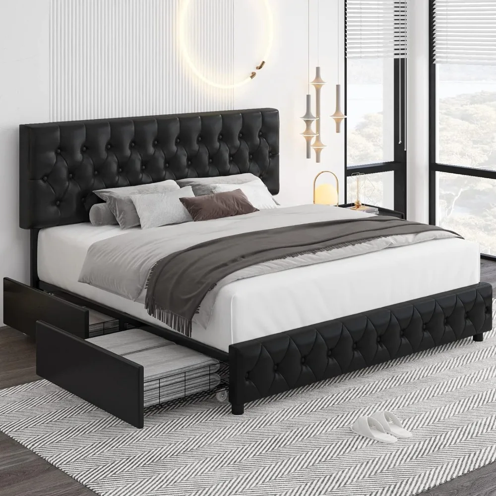 

Queen Size Bed, with 4 Storage Drawers, Faux Leather Platform Bed, Solid Wood Slat Support, Modern Upholstered Bed