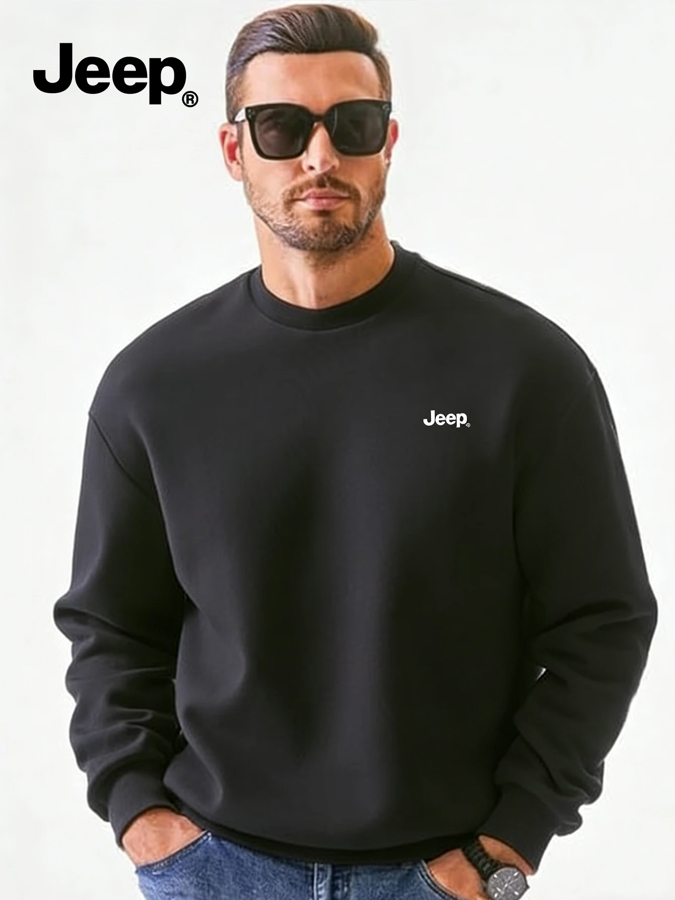 Jeep 남성용 긴 소매 크루넥 스웨트셔츠 솔리드 컬러 릴렉스 핏 소프트 통기성 다용도 캐주얼 탑 JPXWDSM005