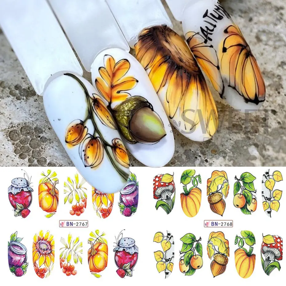 12pcs Autumn Nail Stickers Cartoon Fall Maple Leaves Pumpkin Mushroom Decal Water Transfer Sliders Gel Polish DIY Manicure Foils