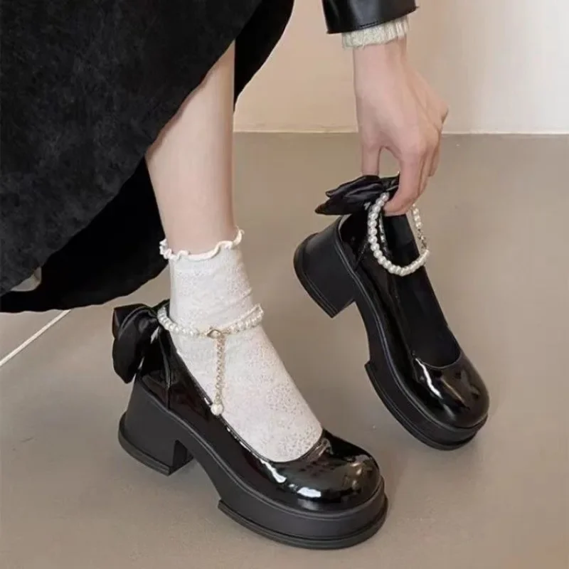 Spring/Summer High Heels Shoes Lolita Skirts Pearl Buckles Bow Mary Jane Shoes Women's Shoes Banquet Casual Shoes for Women 3
