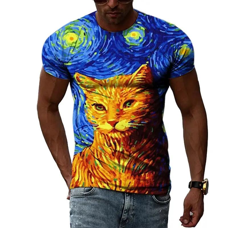 

Summer Leisure Cartoon Cat Pattern Men's T-shirt Hip Hop 3D Print Personality Funny Tees Round Neck Short Sleeve Tops