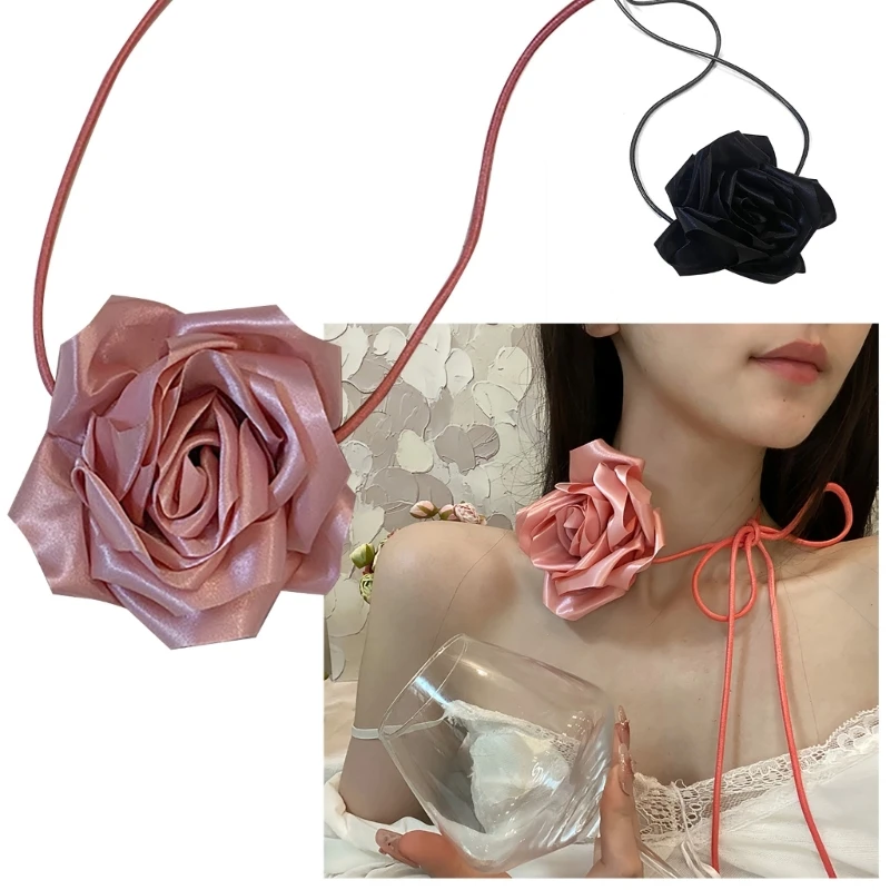 Simple Fabric Flower Long Ribbon Choker Necklaces Neckband Clavicle Chain Choker Party Gift Girl Fabric Flower Necklaces