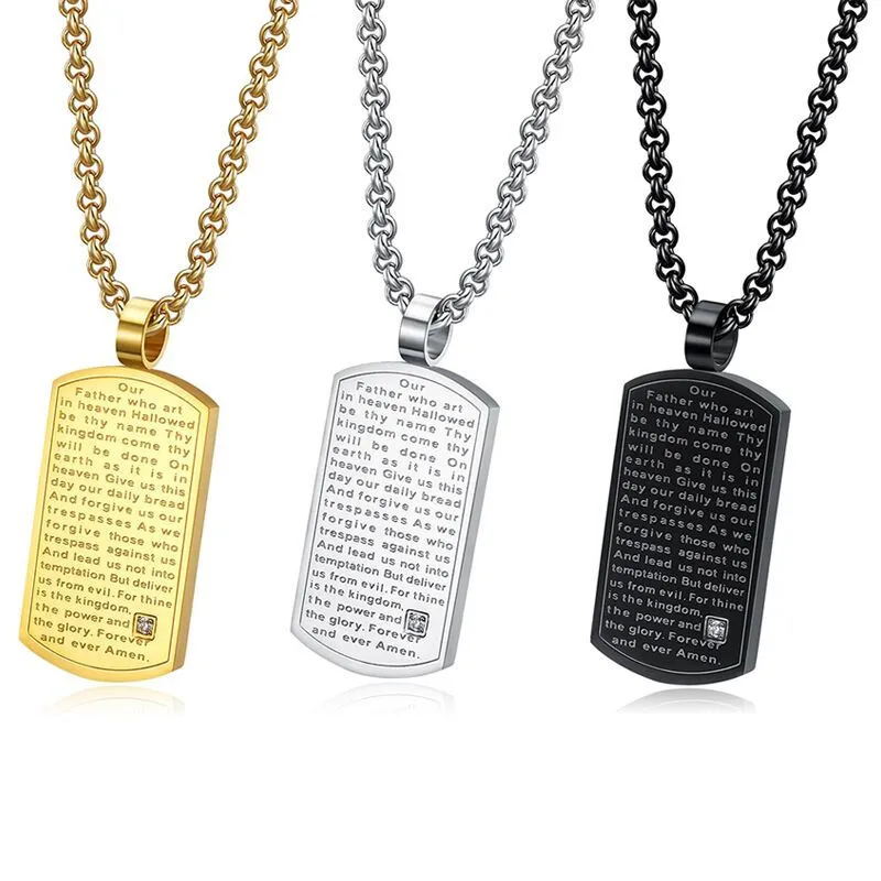 Men Necklace Bible With Our Father Who Art In Heaven Dog Tag Pendant 