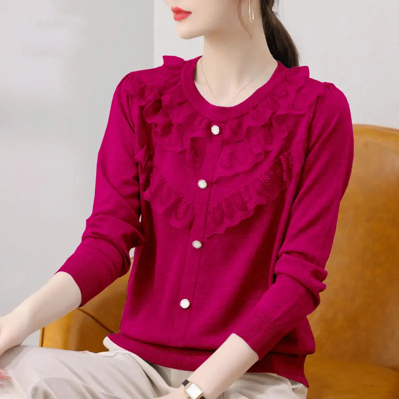 2023 Autumn and Winter Trend New Versatile Temperament Women's Clothing Splice Lace Long Sleeve Round Neck Solid Color Sweater