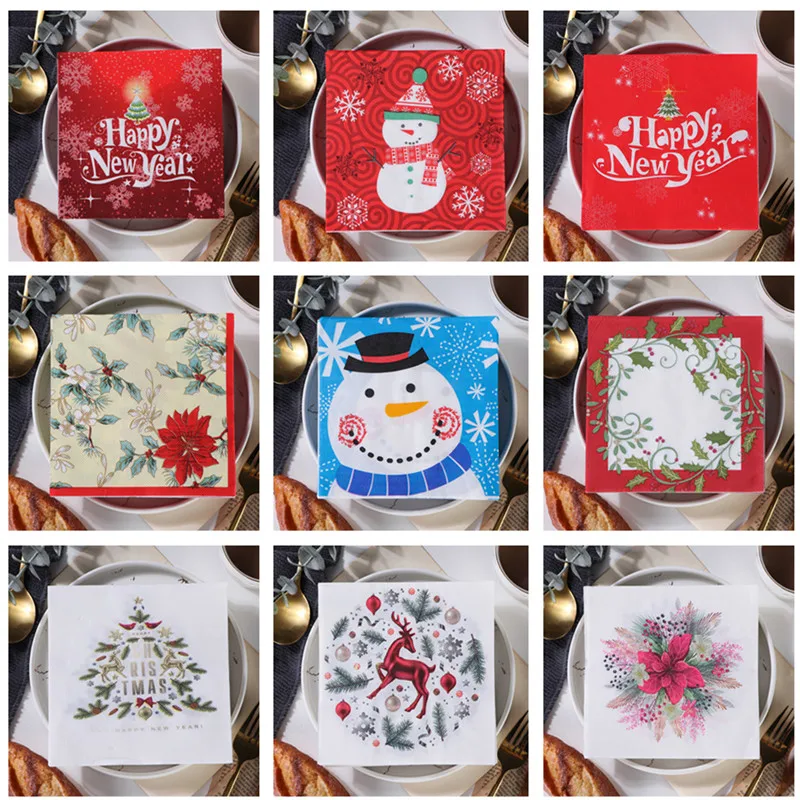 Christmas Series Printed Paper Disposable Dinner Table Napkin Tissues for Xmas Happy New Year Party Decoration 20Pcs/Lot