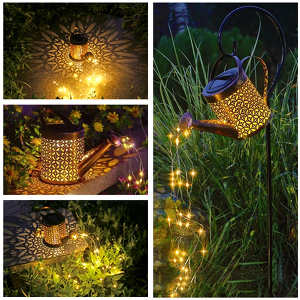 Outdoor Solar LED Light Wrought Iron Waterproof Hollow Lantern Watering Kettle Lamp Kettle Art Lamp with Installed Light String string solar lights