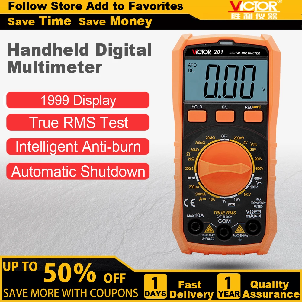 VICTOR 201 1999 Counts LCD Display Smart True RMS Digital MultimeterS Manual Range AC DC 600V 10 Amp 1.5V/9V Battery Measurement