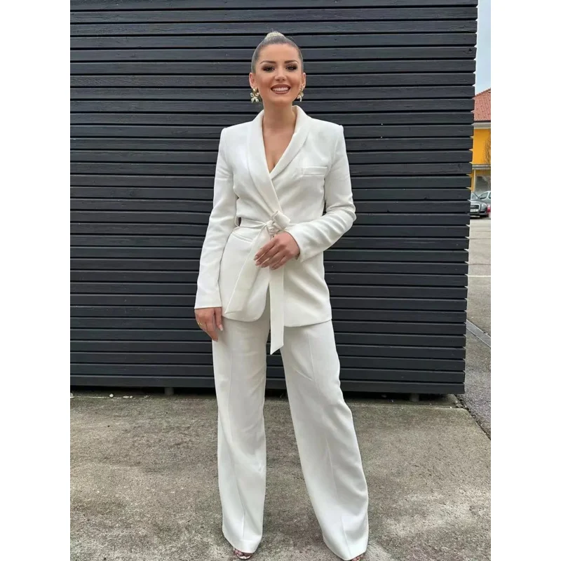 

Sandro Rivers 2023 Autumn Women V Neck With Belt Blazer Coat And Pants 2 Piece Set Chic Long Sleeve Pockets Jacket Trousers Suit