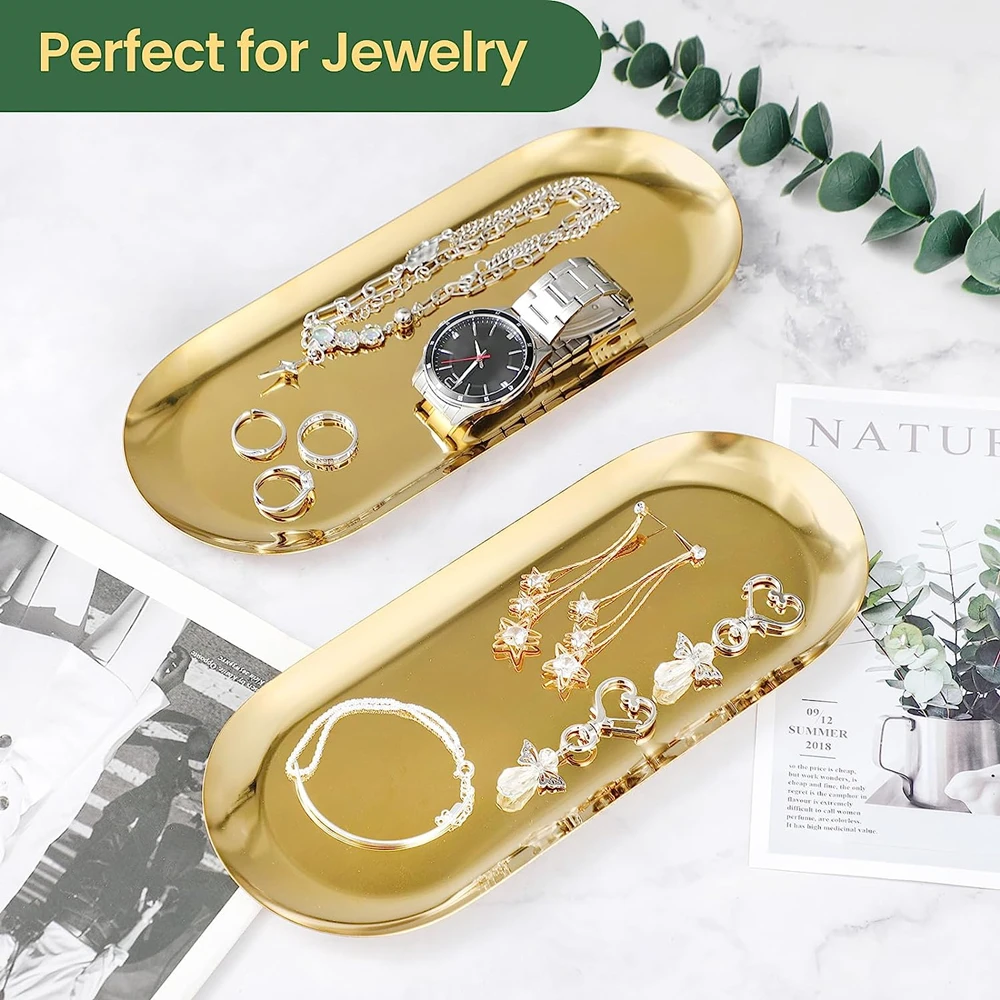 2PACK Stainless Steel Gold Silver Decorative Tray for Bathroom Vanity Jewelry Display, Kitchen Sink Tray for Soap Dispensers 2
