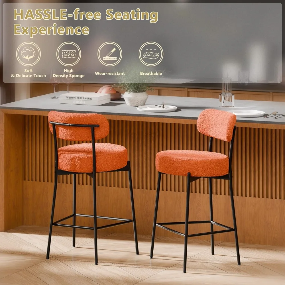 Bar Stools Set of 4,24 Inches Modern Counter Height Bar Stools with Curved Back Metal Legs, Orange Upholstered Boucle Barstools 5