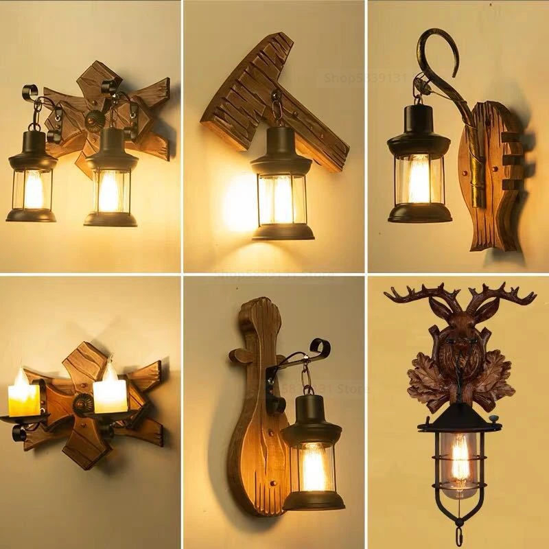 

Retro LED Wood Wall Lamps Wrought Iron Creative Lighting Wall Lights Home Bar Cafe Restaurant Living Room Hanging Lamp Fixtures