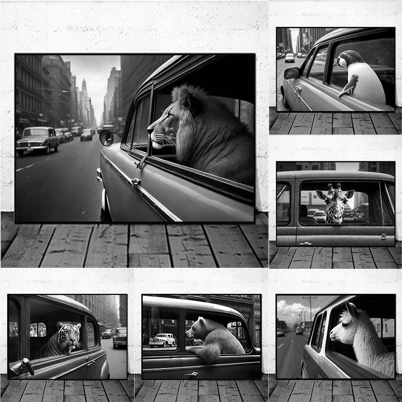 

Black and White Alpaca Penguin Lion Poster Canvas Painting Giraffe Funny Animals in A Car Art Print Wall Picture Room Decor