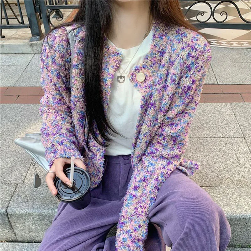Biyaby Autumn Winter Women's Purple Floral Cardigans Lazy Wind Long Sleeve Knitted Cardigan Woman Loose Streetwear Cardigans