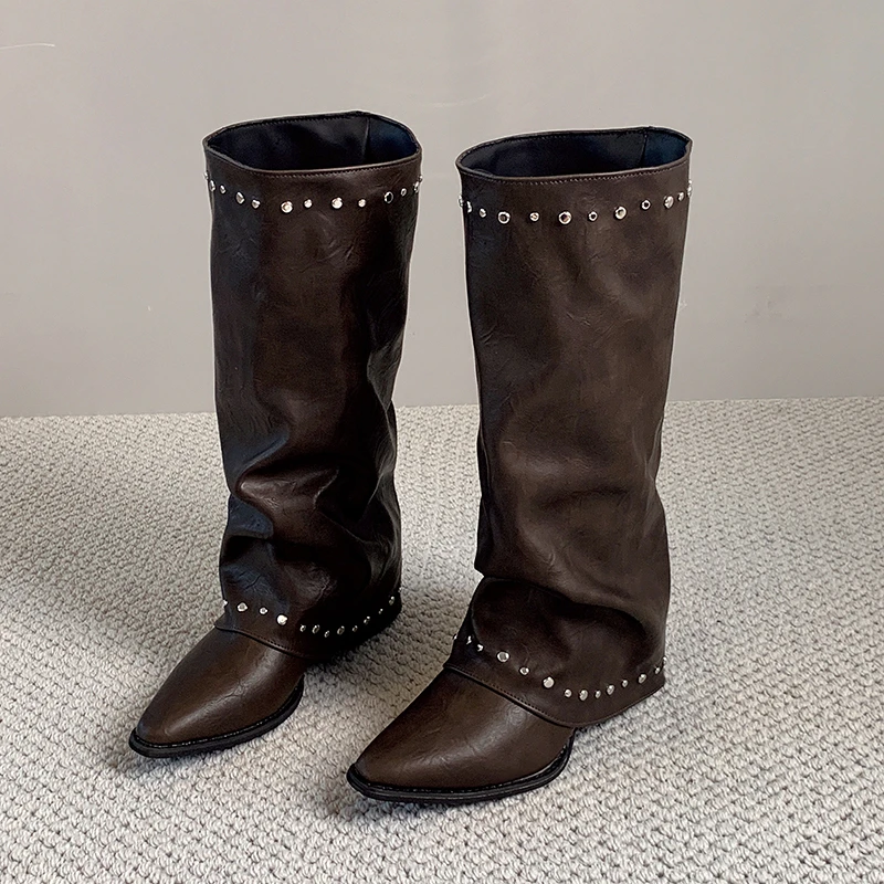 Pointed Toe Rivet Wide Calf Long Boots Women Ruched Slip On Block Heel Vintage Western Knee High Boots Ladies Fashion Footwear