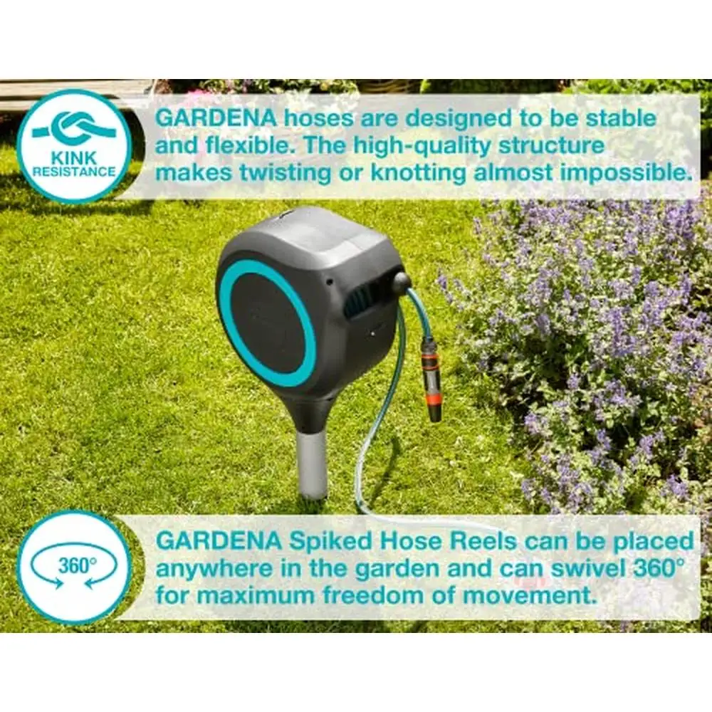 66ft Auto Retractable Hose Reel RollControl Technology 360 Degree Swivel Strong and Stable Metal Spike Feet Kit Turquoise