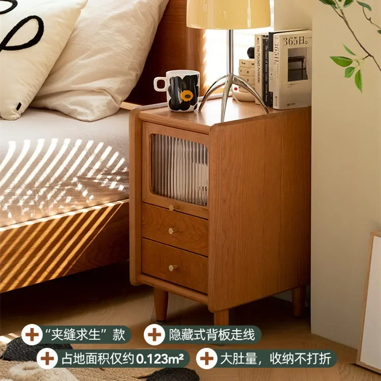 Solid Wood Bedside Table Ultra-narrow Small Size Cherry Wood Nordic Japanese Simple Small Extremely Narrow Bedside Storage Cabin