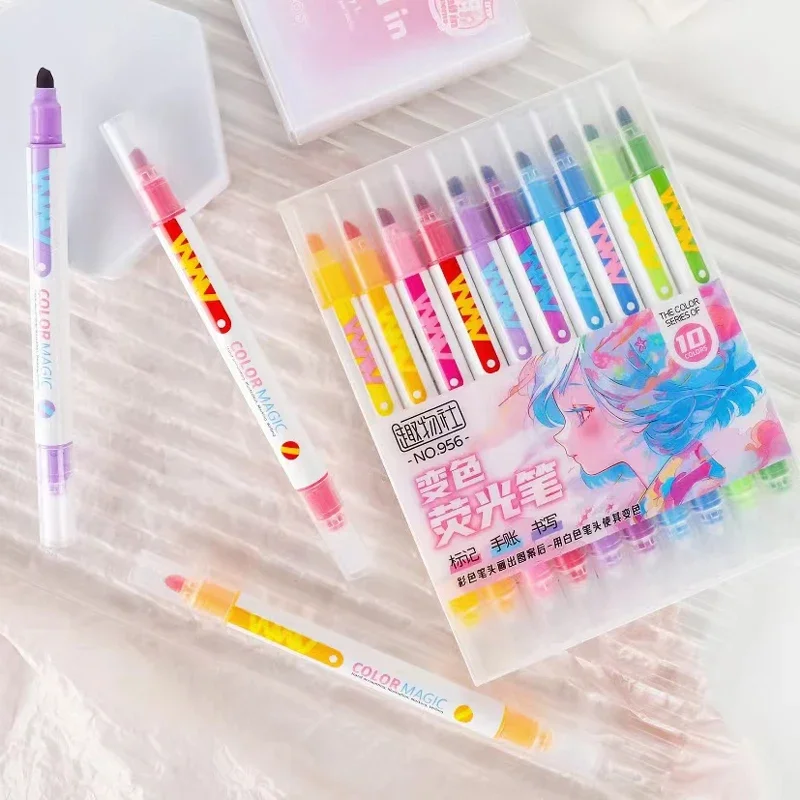Double-ended Magic Color Changing Highlighter Pen Set 10pcs Student Diary Scrapbook Painting DIY Office Stationery