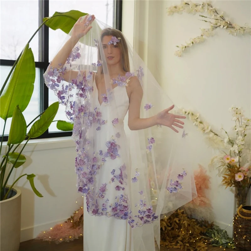 

Lilac Floral Wedding Veils Bridal Accessories For Brides Light Purple Flowers Pearls Embroidered White Ivory Tulle Cathedral