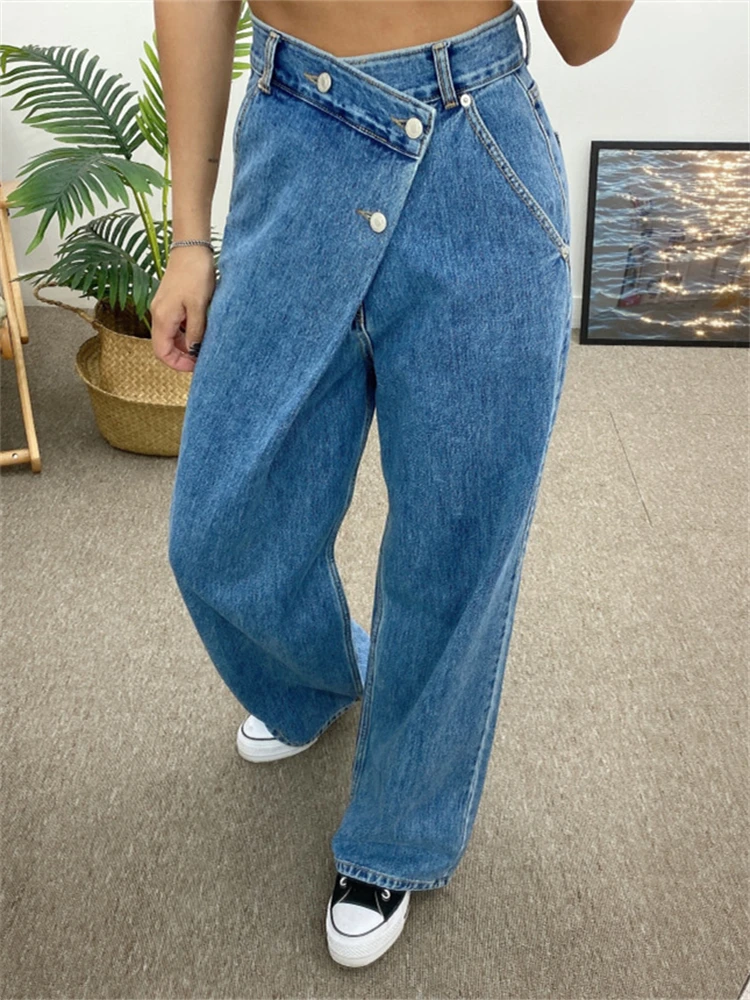 

Women's Asymmetric Design Baggy Jeans Vintage Street Cool Girl High Waist Straight Loose Pants Female Casual Denim Trousers