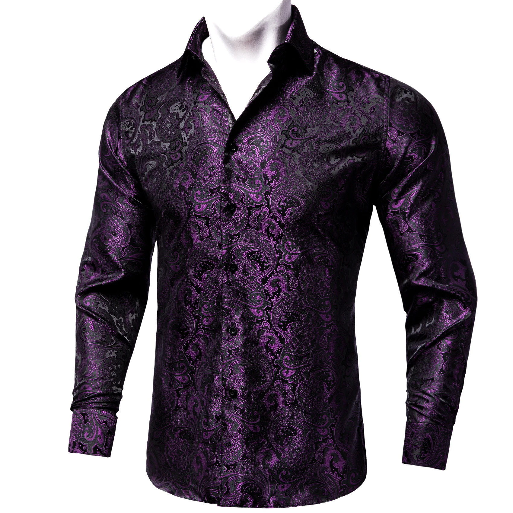 Luxury Purple Paisley Men's Silk Shrits Long Sleeve Designer Men Clothing Tuxedo Wedding Party Dress Shirt for Men DiBanGu