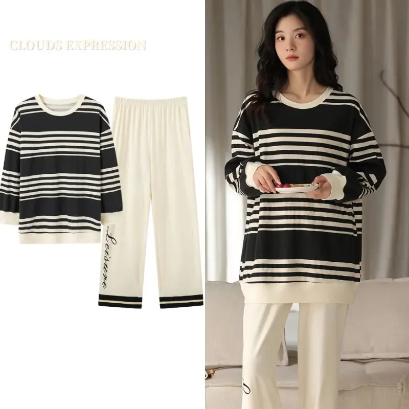 

Spring Striped Pajama Sets Women Pyjamas Longer Tops Sleepwear Loungewear Pijama Mujer Female Night suits Homewear Pyjama Femme