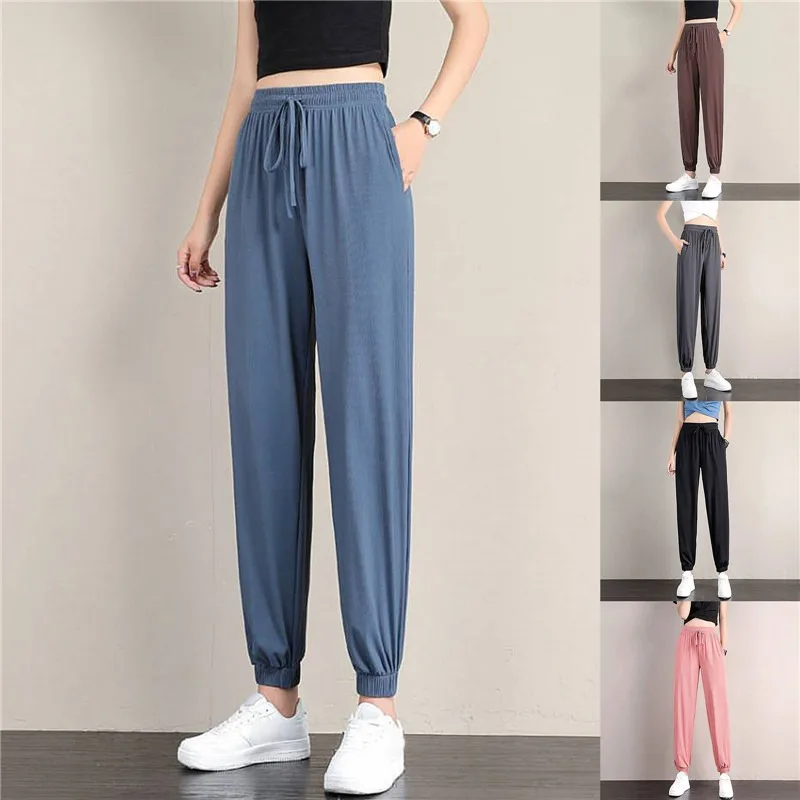 Hot Women's Wide Leg Pants Ice Silk Sweatpants Loose Bunched Feet Loose Leggings Thin Casual Sanitary Elastic Slacks Pants