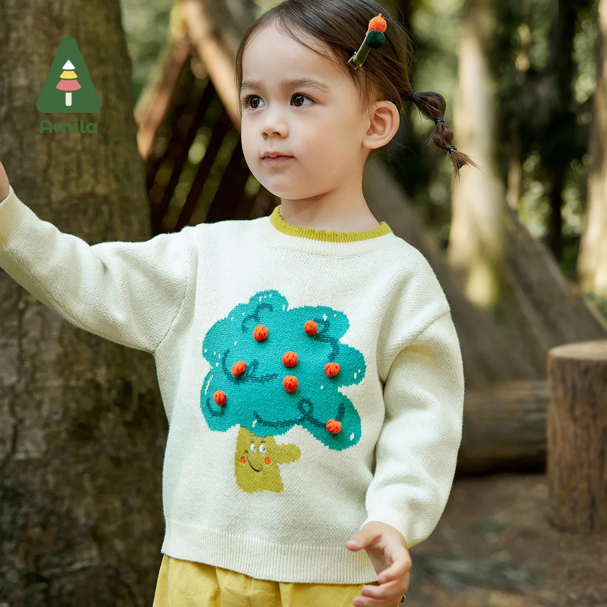 

Amila Baby Personal Warmth 2023 Autumn New 100% Cotton Wave Edged Round Neck Small Tree Pattern Sweater For Boys Kids Clothes