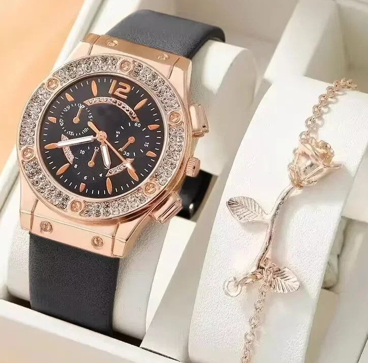 Elegant Women's Starry Diamond Dial Bracelet & Leather Band Watch Set
