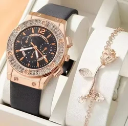 Elegant Women's Starry Diamond Dial Bracelet & Leather Band Watch Set (Black)